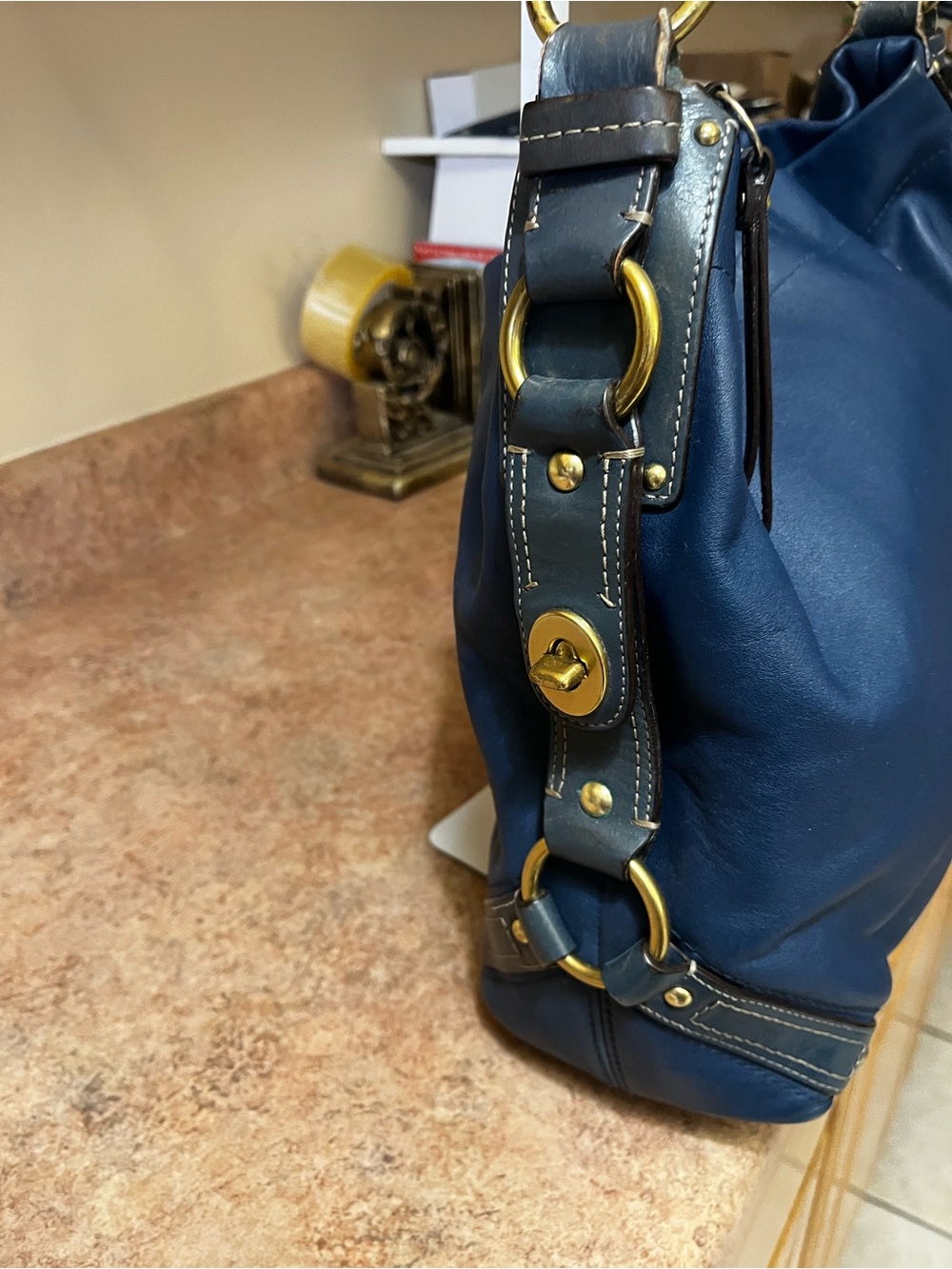 Coach Navy Leather Shoulder Hobo with Brass Hardware - Picture 4 of 14
